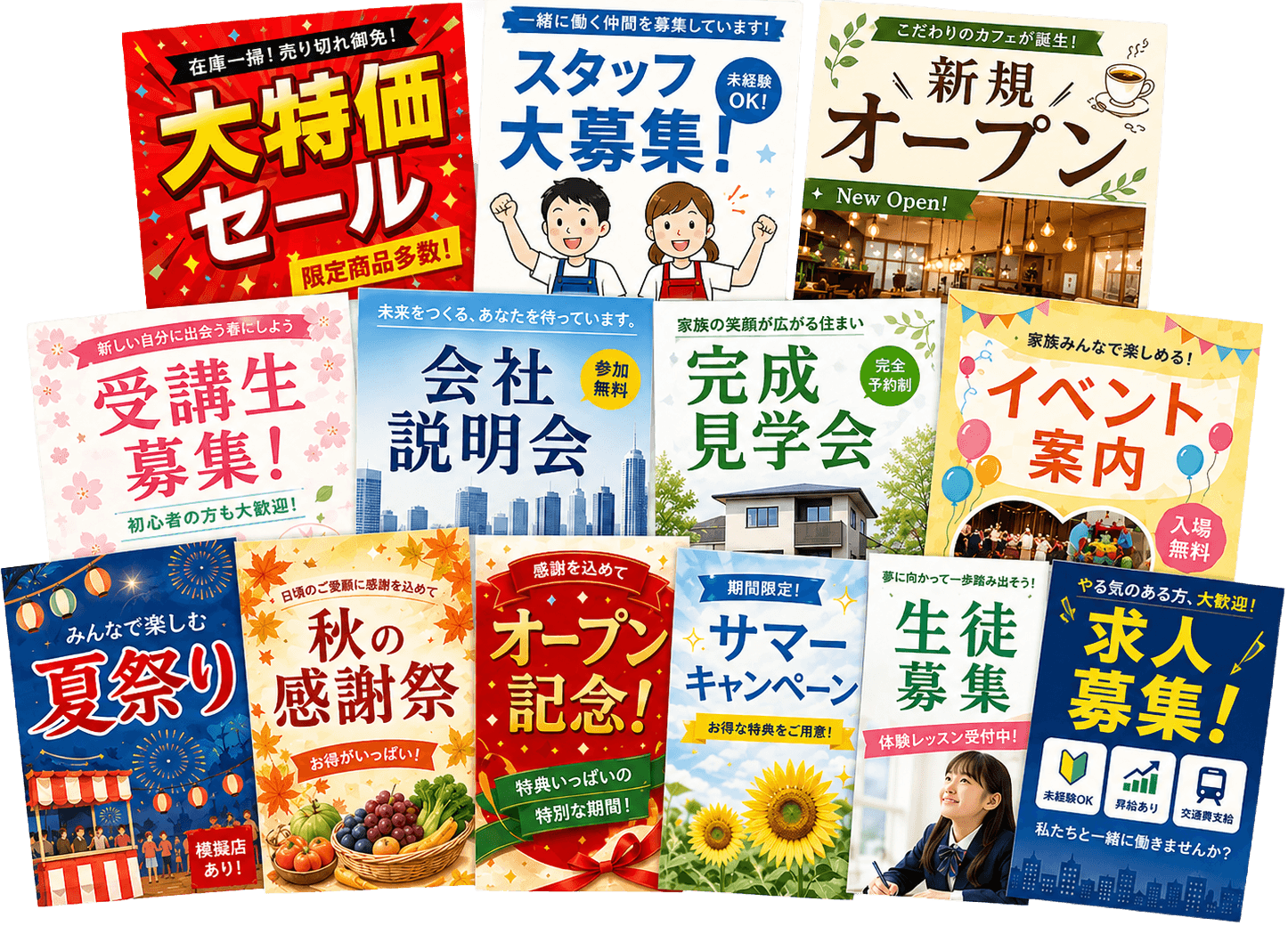 セール、求人、イベント、会社説明会など多様なチラシの制作例