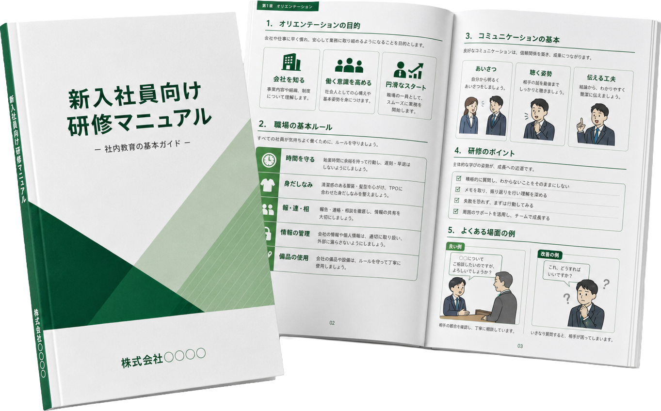 新入社員向け研修マニュアルの表紙とイラスト入り見開きページ
