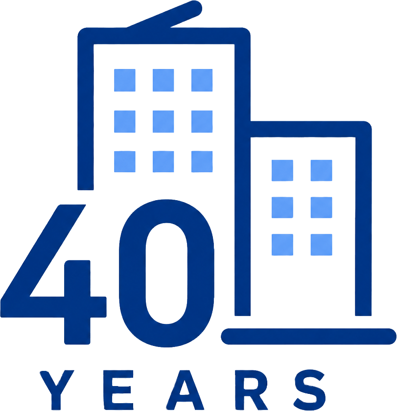40 YEARSと建物で創業40年の実績を表したアイコン