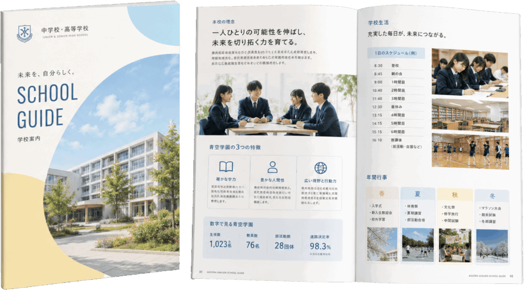 水色と黄色を基調とした学校案内パンフレットの表紙と見開きデザイン例