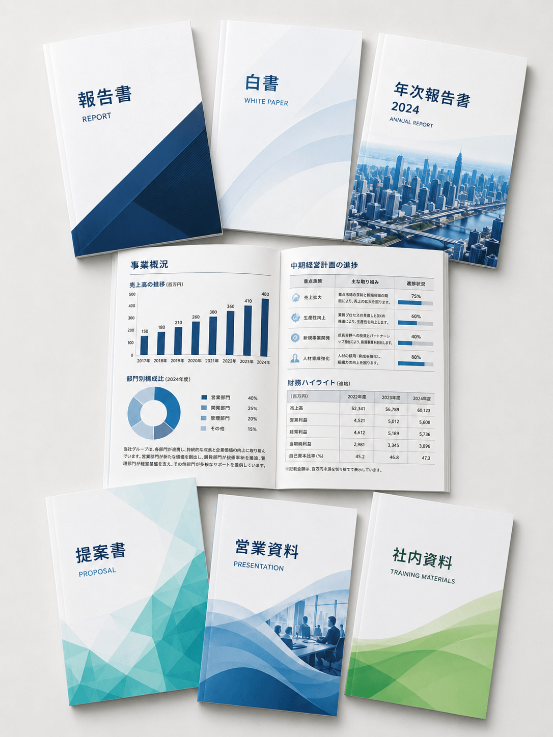 報告書、白書、年次報告書、提案書、社内資料、営業資料の制作イメージ