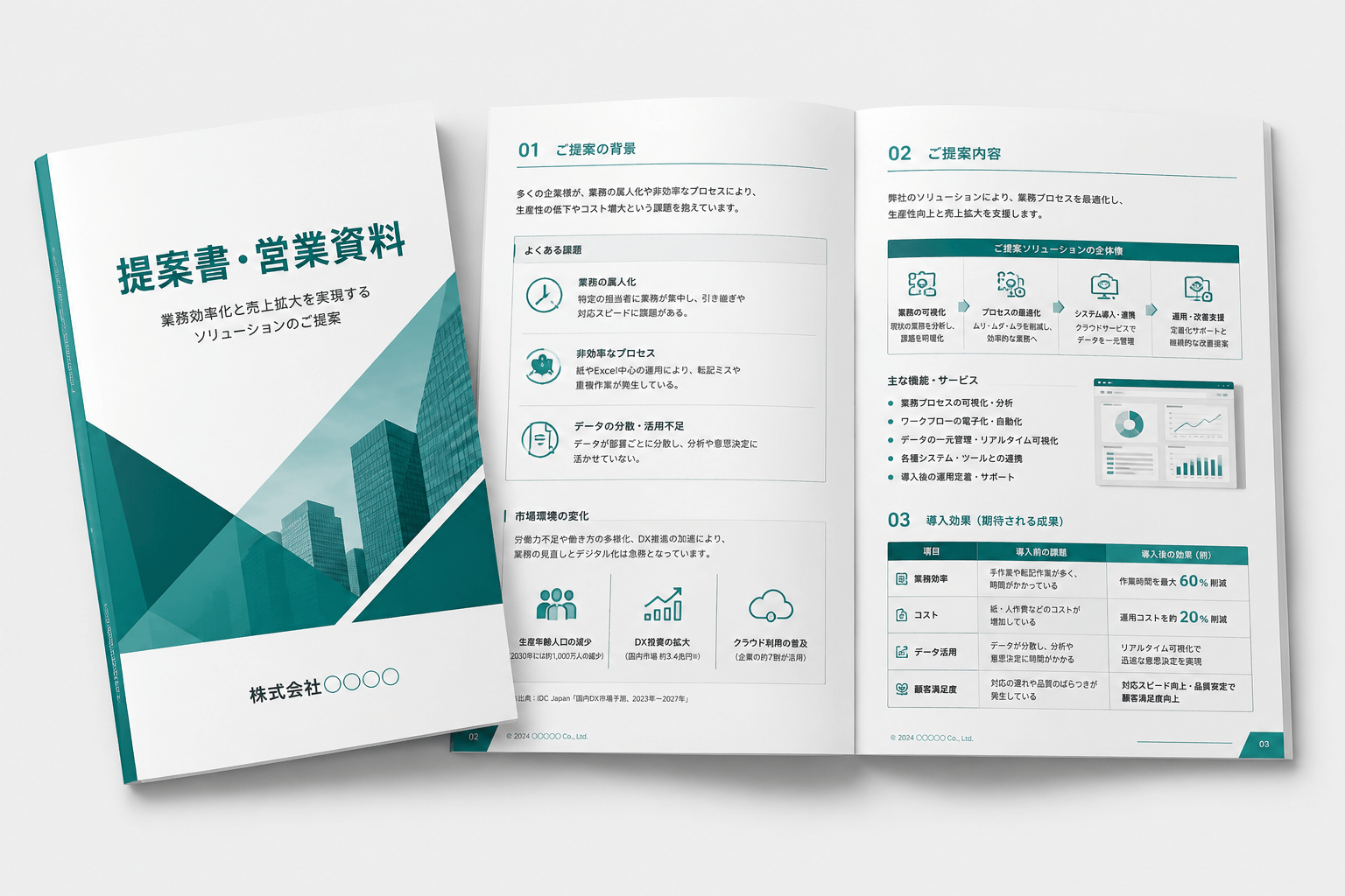 提案書・営業資料の制作例。表紙と見開きページに、日本語の本文、図解、表を配置した営業用資料デザイン。