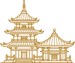 東アジアを表すゴールドの寺院建築線画アイコン