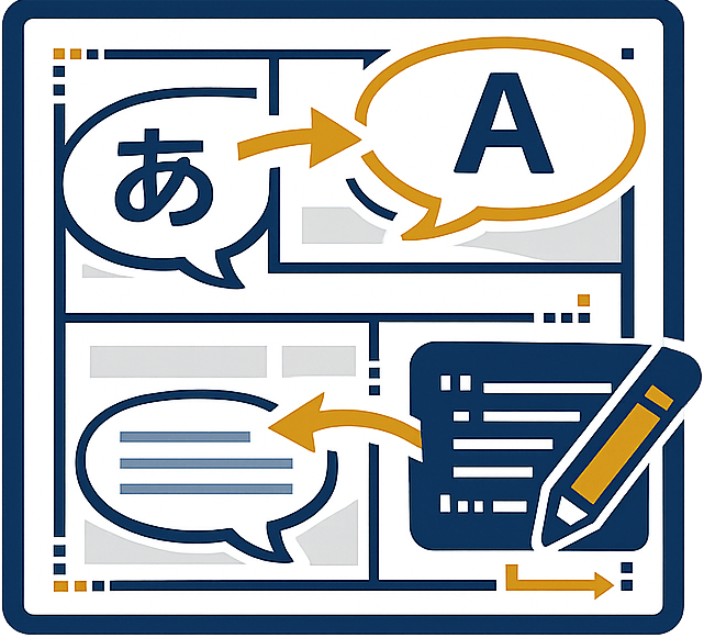 漫画の吹き出しと多言語文字で漫画翻訳とDTP調整を表したアイコン