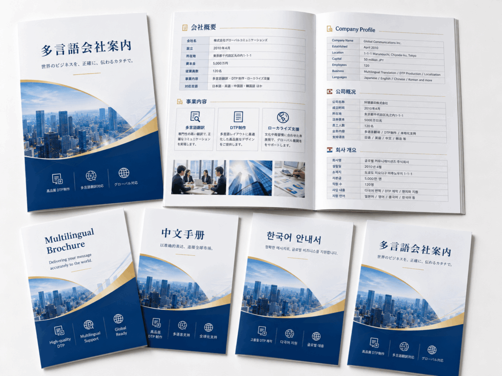 日本語・英語・中国語・韓国語の多言語DTP制作イメージ