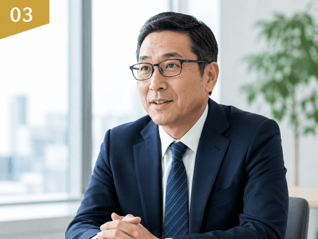 オフィスで話す眼鏡の男性ビジネスパーソン。左上に03のゴールドバナー付き。
