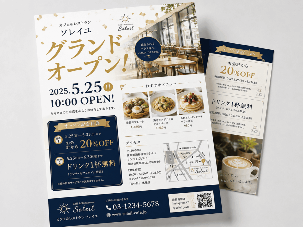 カフェ・レストランの店舗オープン告知チラシ制作例
