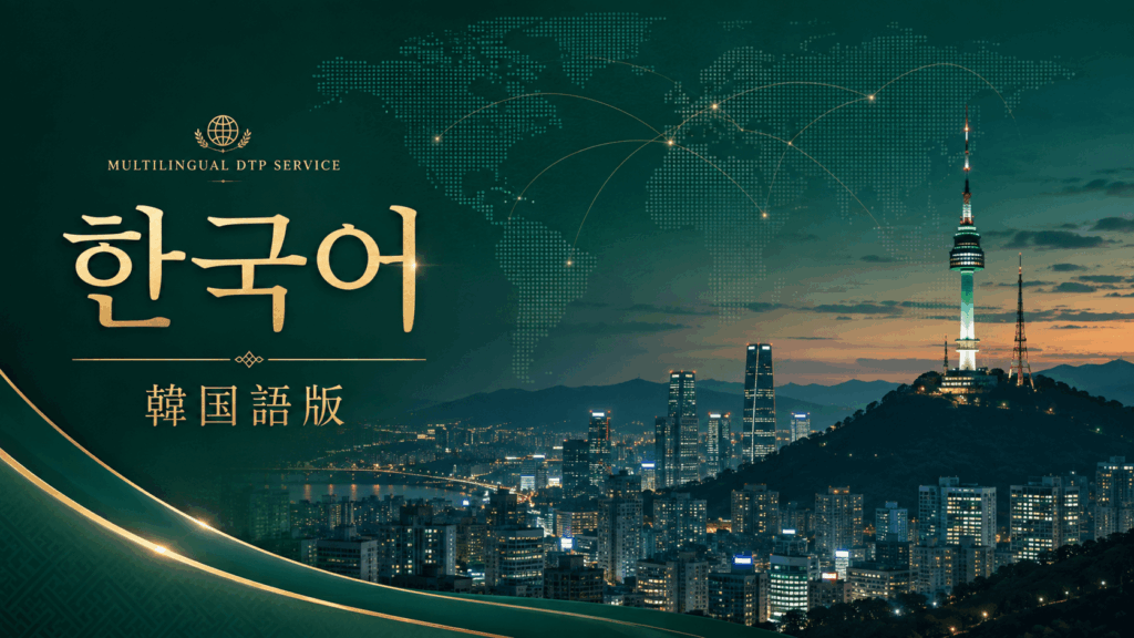 ソウルの夜景とNソウルタワーを背景にした韓国語版制作の多言語DTPバナー