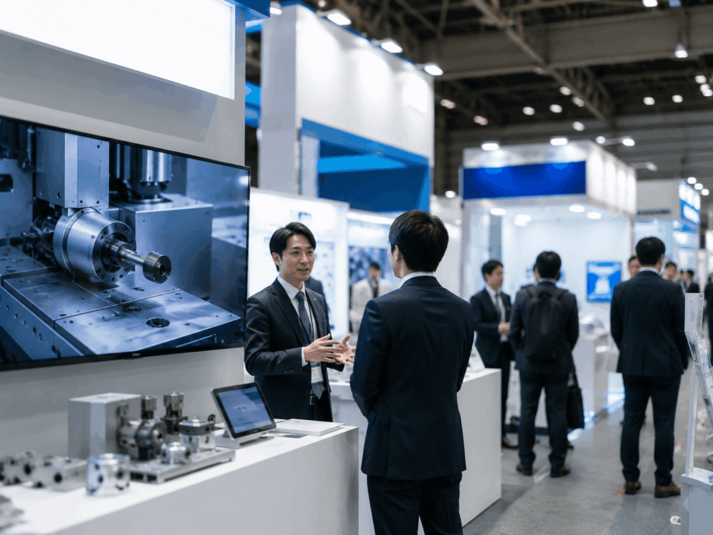 展示会ブースで製品を説明する営業担当者