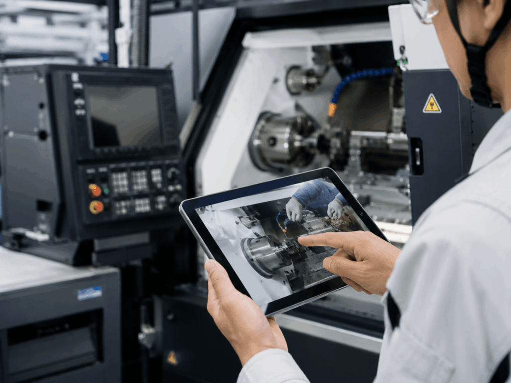 工場でタブレットを使い作業手順を確認する技術者