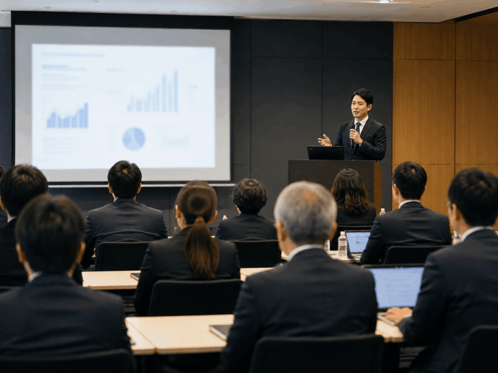 会場で講演する登壇者と参加者