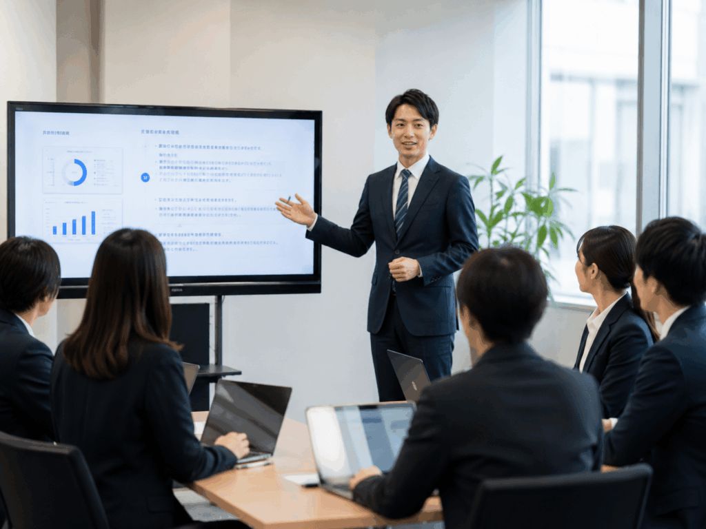 社内研修でプレゼンテーションを行う様子