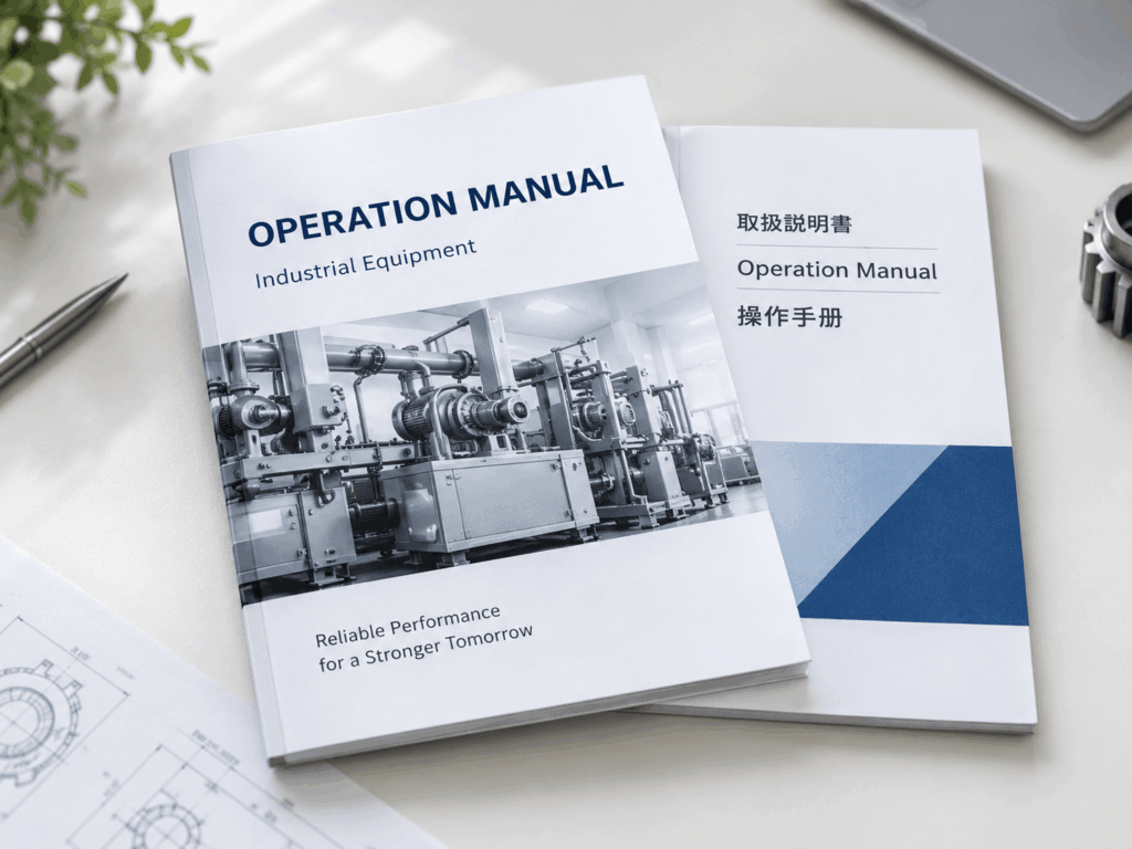 産業機械の取扱説明書と多言語マニュアルをイメージした冊子