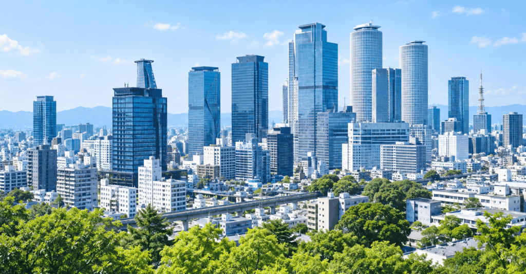 名古屋の高層ビル群と緑が見える都市風景
