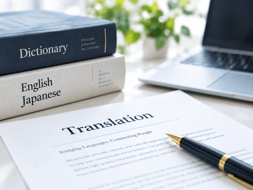 辞書と翻訳原稿、ペンが置かれた翻訳作業のデスク