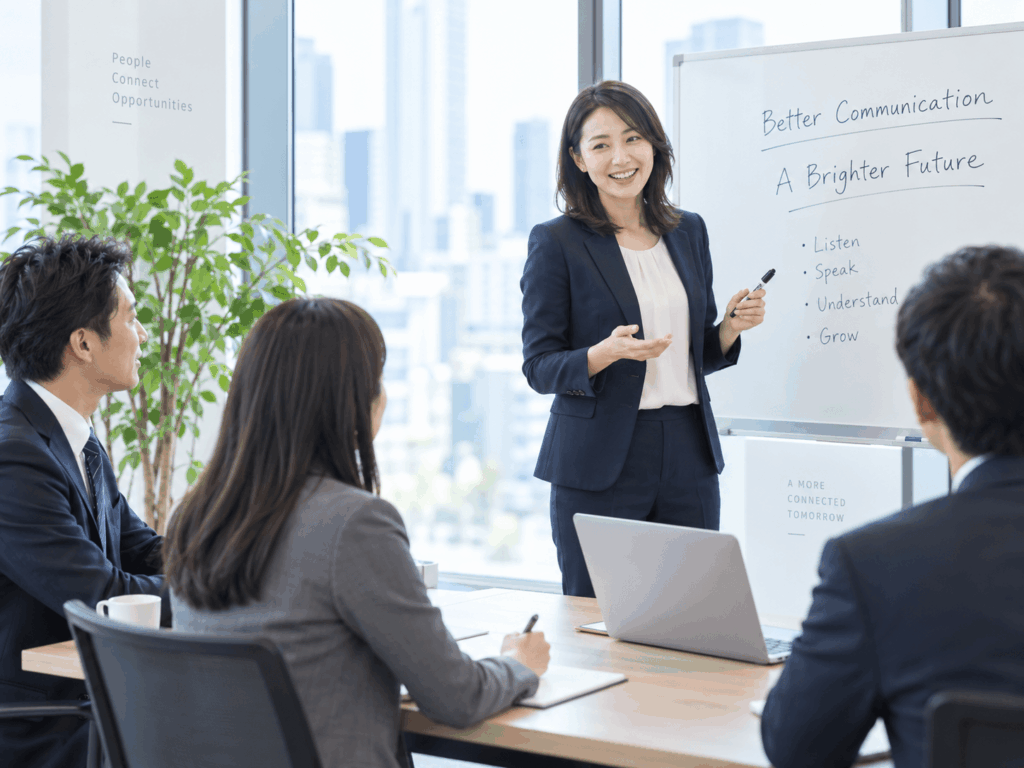 オフィスで英会話レッスンを行う講師と受講者